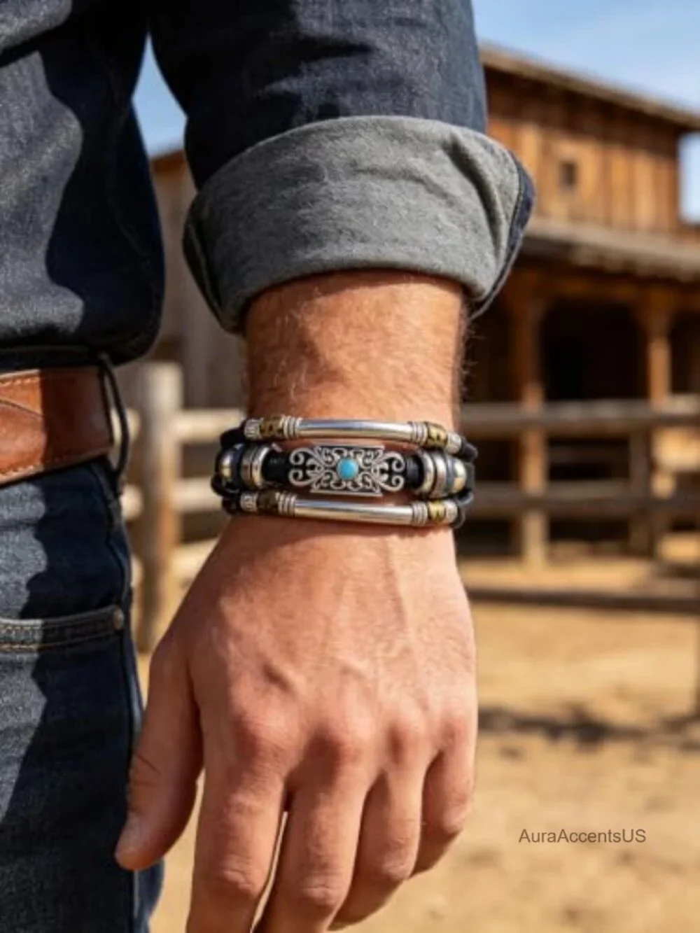 Western Turquoise Multi-Layer Leather Cuff Bracelet for Women Men